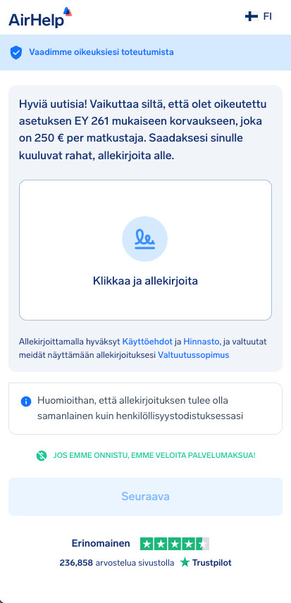 Digitaalinen allekirjoitusruutu AirHelp-siirtosopimukselle korvausvaatimuksen valtuuttamiseksi.