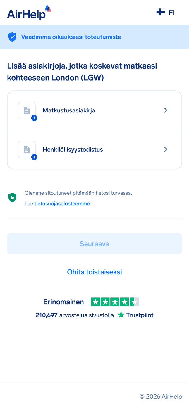 Matkustusasiakirjojen ja henkilöllisyystodistusten latausosio, jossa on tietoturvakuvake.