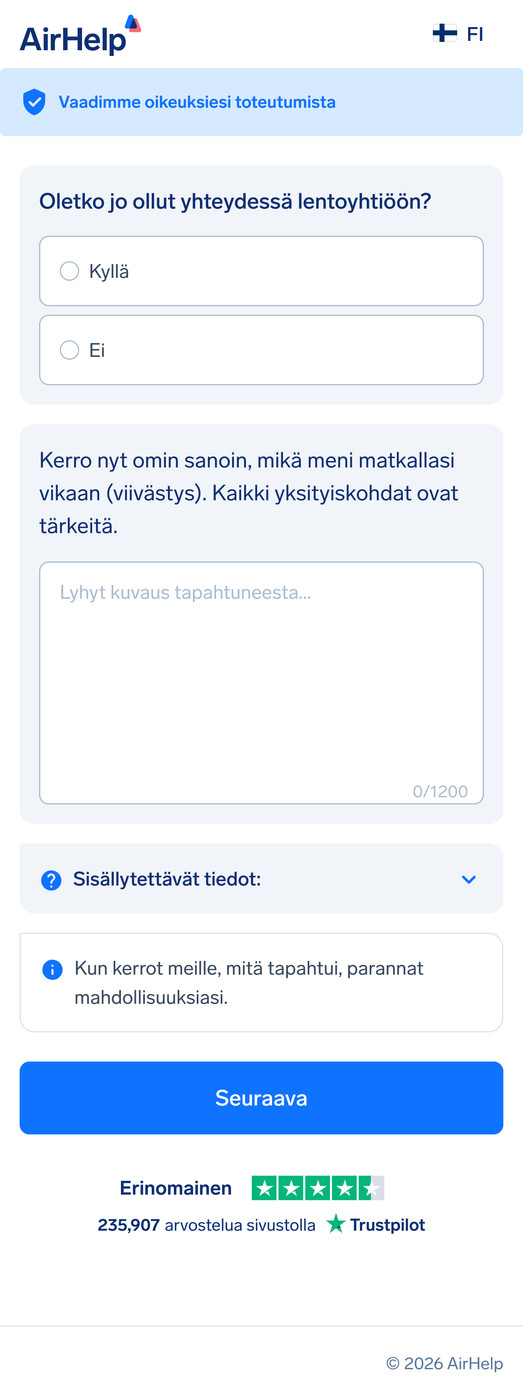 Lennon lisätiedot -lomake, jossa on tekstialue tapahtuman kuvaukselle ja lentoyhtiön yhteydenoton tila.