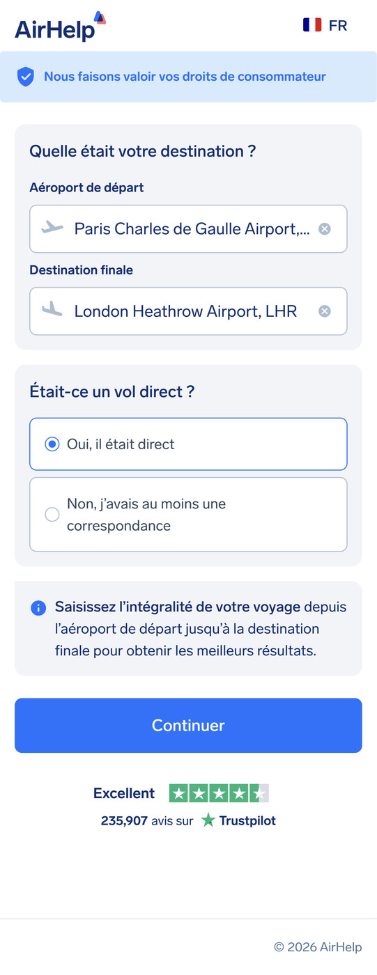 Formulaire de réclamation AirHelp montrant la sélection des aéroports de départ et d'arrivée avec l'option de vol direct.