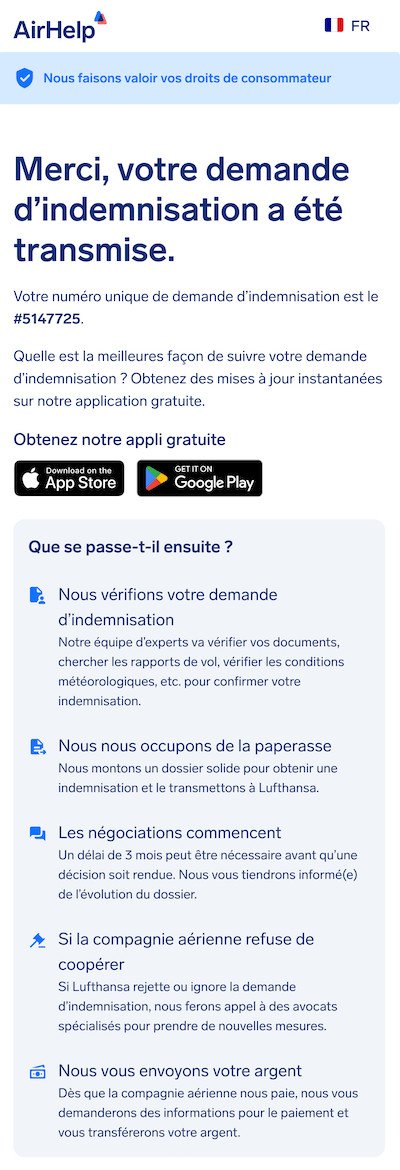Page de confirmation de soumission de la réclamation affichant un identifiant unique et des liens vers l'application AirHelp.