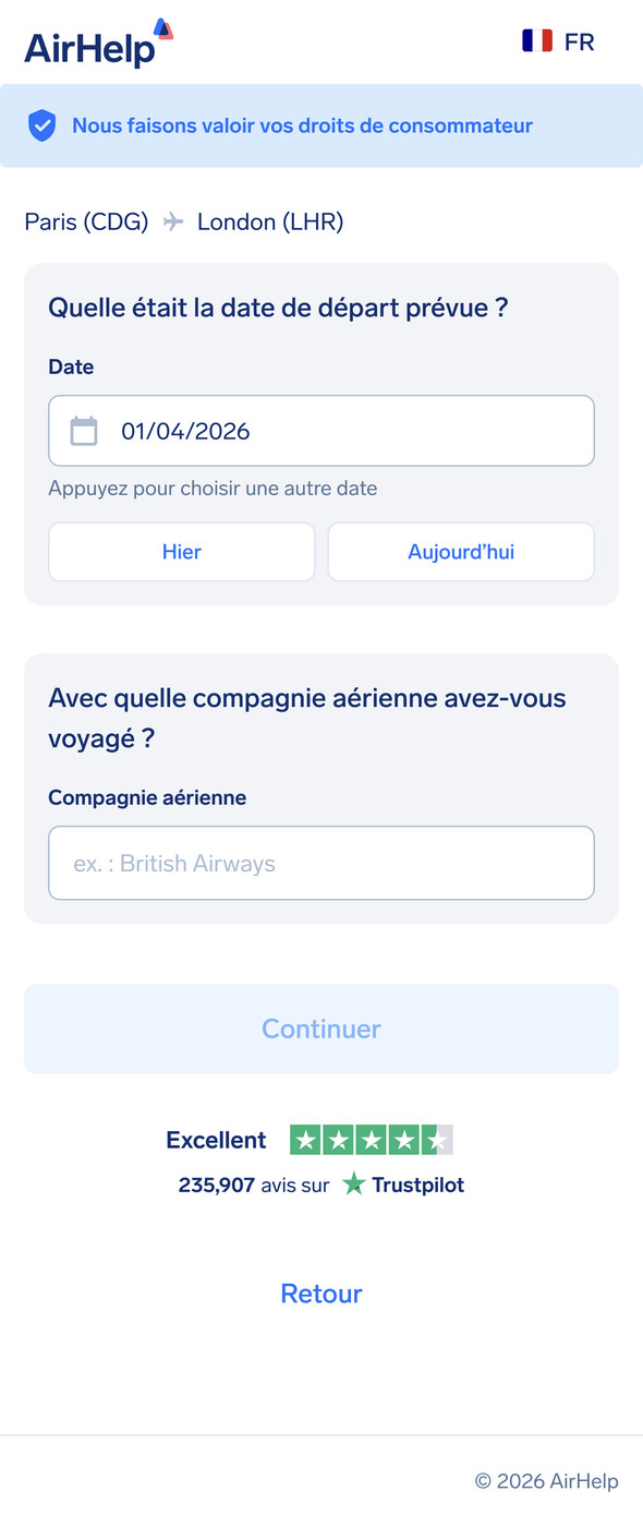 Étape des détails du vol : champs pour la date de départ prévue, le nom de la compagnie aérienne et le numéro de vol.
