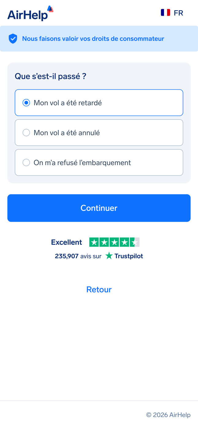 Sélection du type de perturbation : options pour vol retardé, vol annulé ou refus d'embarquement.