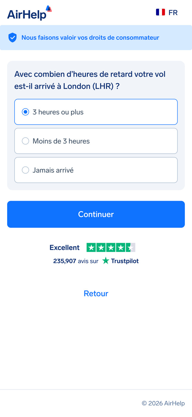 Sélection de la durée du retard à l'arrivée : options pour 3 heures ou plus, moins de 3 heures ou n'est jamais arrivé.