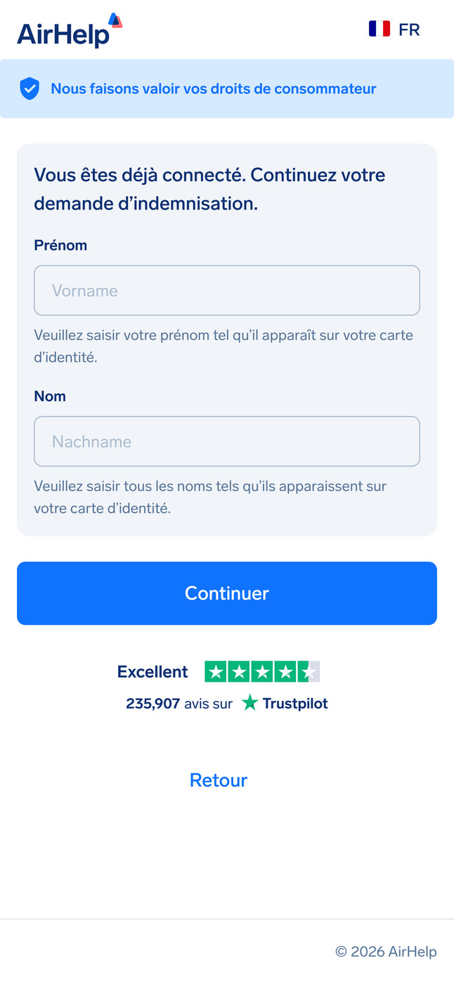 Formulaire d'informations sur le passager avec les champs pour le prénom, le nom et l'adresse e-mail.