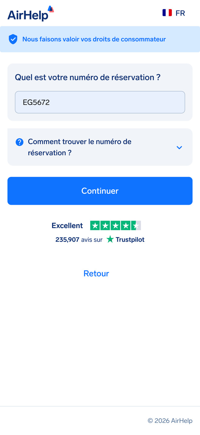 Champ de saisie du numéro de réservation avec un menu déroulant d'aide pour trouver le code.