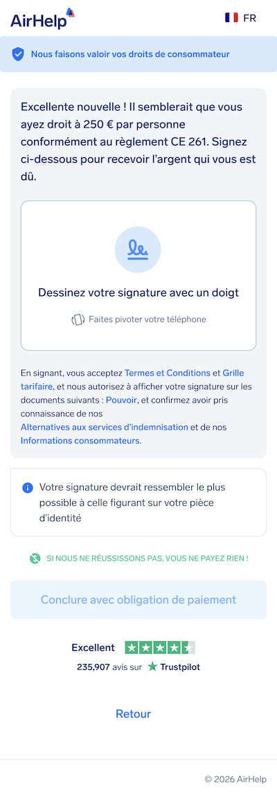 Case de signature numérique pour l'accord de cession AirHelp afin d'autoriser la réclamation.