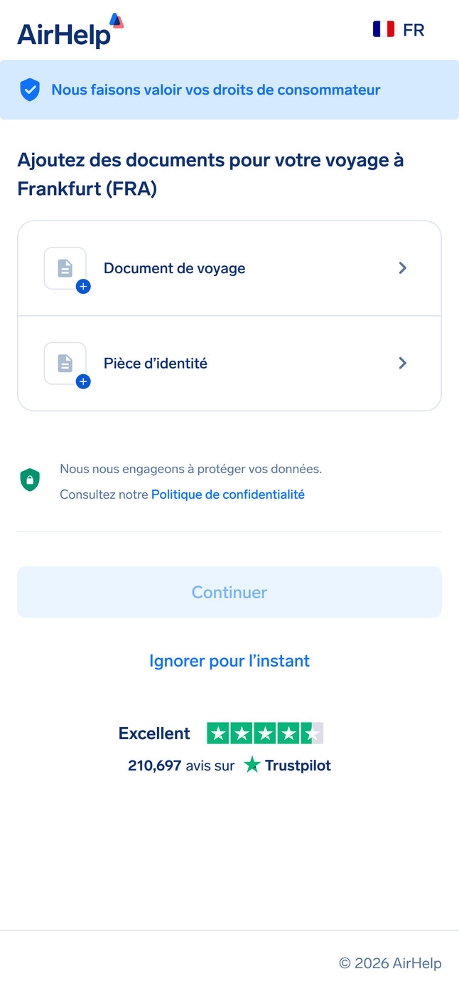 Section de téléchargement des documents de voyage et d'identité avec une icône de sécurité des données.
