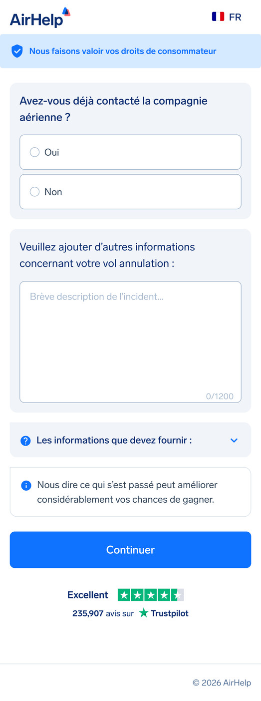Formulaire de détails supplémentaires sur le vol avec une zone de texte pour la description de l'incident et l'état du contact avec la compagnie.