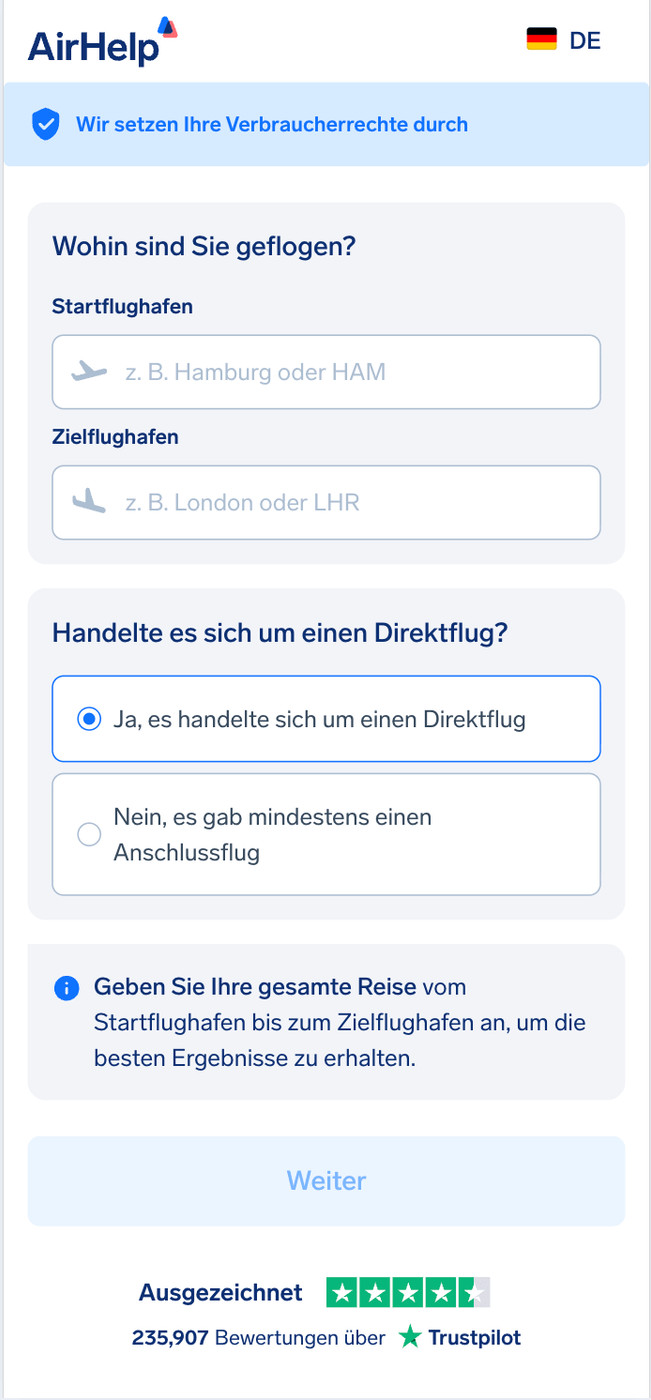 AirHelp-Antragsformular mit Auswahl von Abflughafen und Zielflughafen sowie der Option für Direktflüge.
