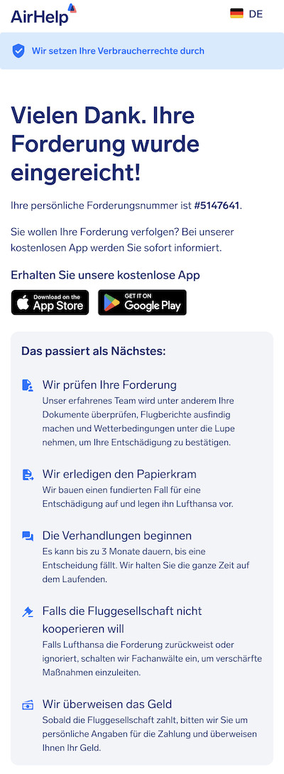 Bestätigungsseite für den eingereichten Antrag mit einer eindeutigen Forderungsnummer und Links zur AirHelp-App.