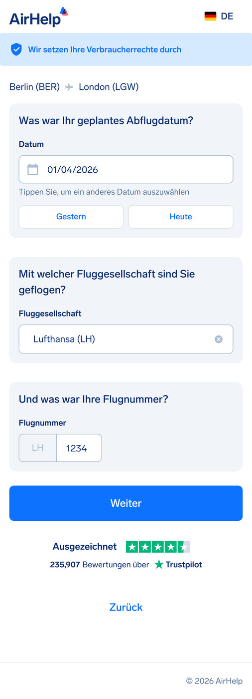 Schritt Flugdetails: Felder für das geplante Abflugdatum, den Namen der Fluggesellschaft und die Flugnummer.