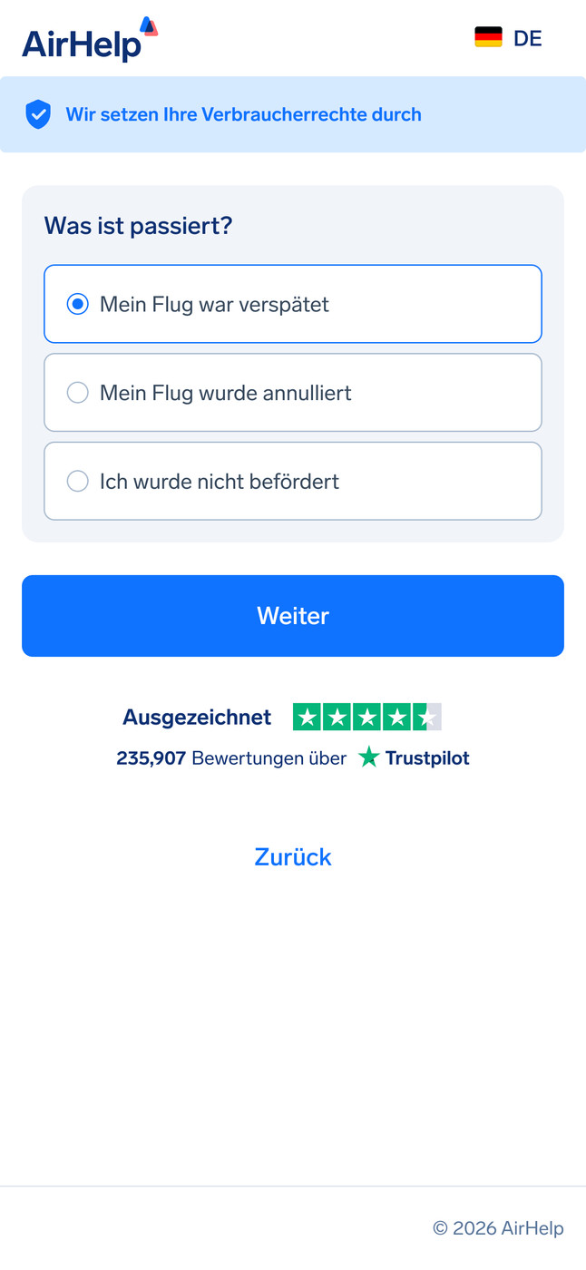 Auswahl der Flugstörung: Optionen für verspätete Flüge, annullierte Flüge oder Nichtbeförderung.