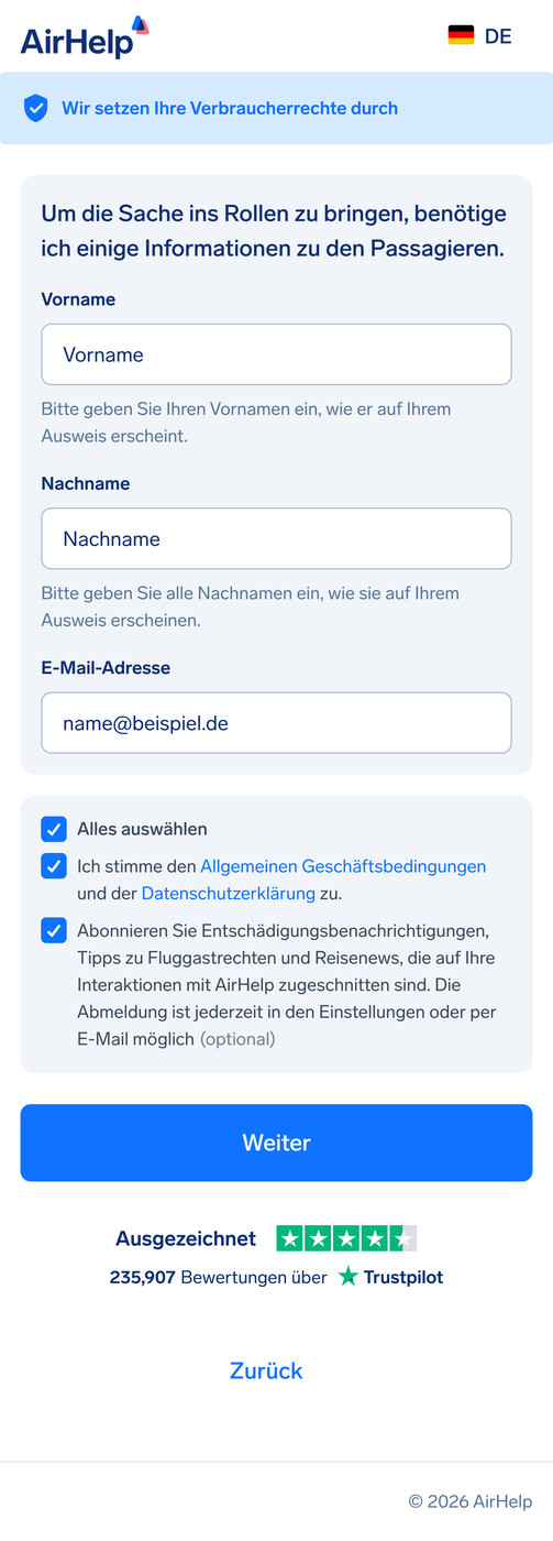 Formular für Passagierdaten mit Feldern für Vorname, Nachname und E-Mail-Adresse.