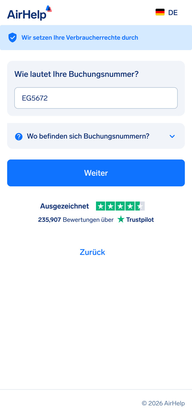 Eingabefeld für die Buchungsnummer mit einem Dropdown-Menü zur Hilfe beim Finden des Codes.