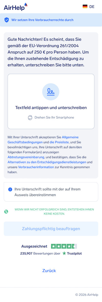 Digitales Unterschriftenfeld für die AirHelp-Abtretungserklärung zur Autorisierung der Forderung.