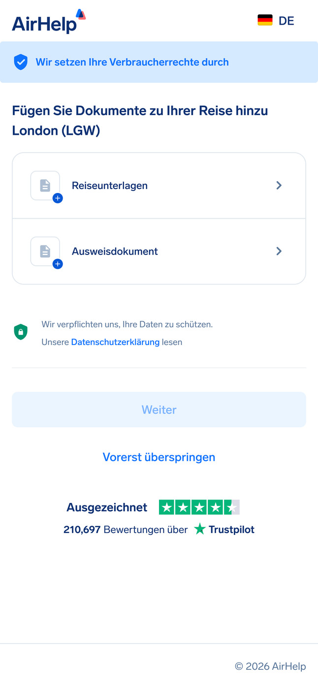 Bereich zum Hochladen von Reisedokumenten und Ausweisen mit einem Symbol für Datensicherheit.