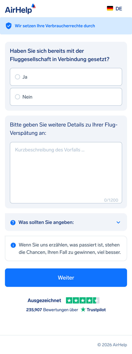 Formular für zusätzliche Flugdetails mit einem Textfeld für die Ereignisbeschreibung und den Kontaktstatus zur Airline.