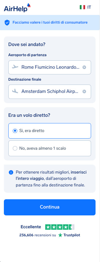 Modulo di reclamo AirHelp che mostra la selezione dell'aeroporto di partenza e di arrivo con l'opzione volo diretto.