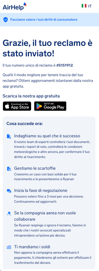 Pagina di conferma dell'invio del reclamo che mostra un ID reclamo univoco e i link all'app AirHelp.