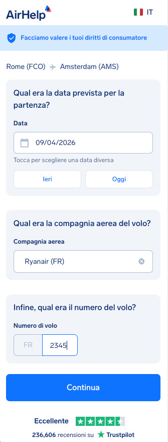 Passaggio dettagli del volo: campi per la data di partenza prevista, il nome della compagnia aerea e il numero del volo.