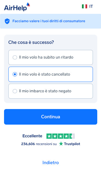 Selezione del tipo di disservizio: opzioni per volo in ritardo, volo cancellato o negato imbarco.