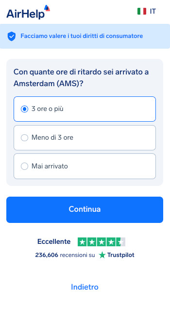 Selezione della durata del ritardo all'arrivo: opzioni per 3 ore o più, meno di 3 ore o mai arrivato.