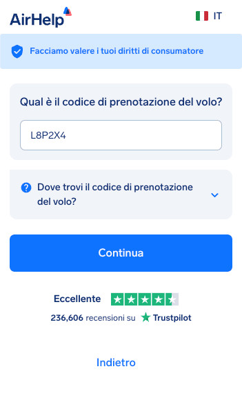 Campo di inserimento del codice di prenotazione con un menu a discesa di aiuto per trovare il codice.