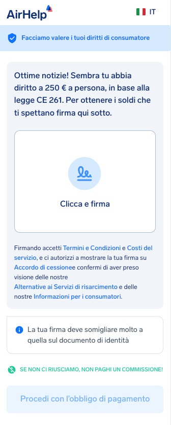 Casella per la firma digitale del contratto di cessione AirHelp per autorizzare il reclamo.