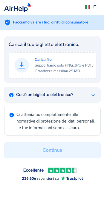 Sezione di caricamento dei documenti di viaggio e d'identità con un'icona di sicurezza dei dati.