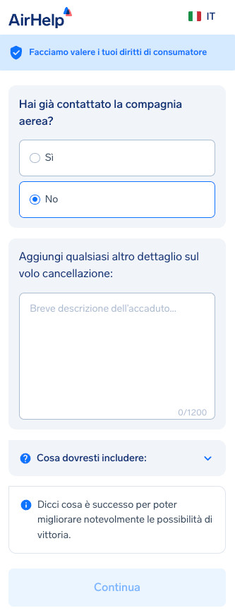 Modulo dettagli volo aggiuntivi con un'area di testo per la descrizione dell'incidente e lo stato dei contatti con la compagnia.