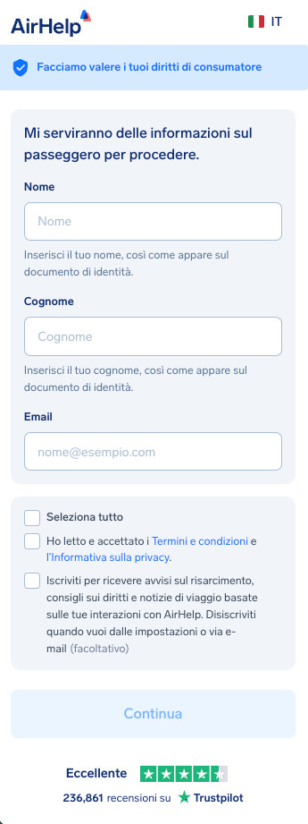 Modulo dati del passeggero con campi per nome, cognome e indirizzo email.