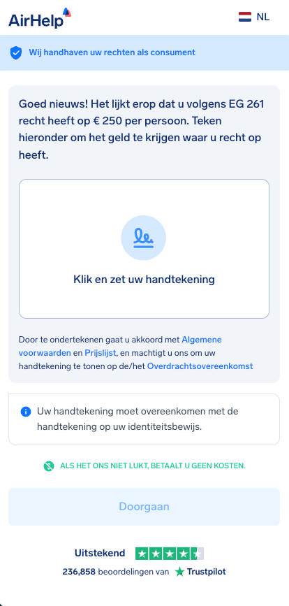 Digitaal handtekeningveld voor de AirHelp-akte van cessie om de claim te autoriseren.