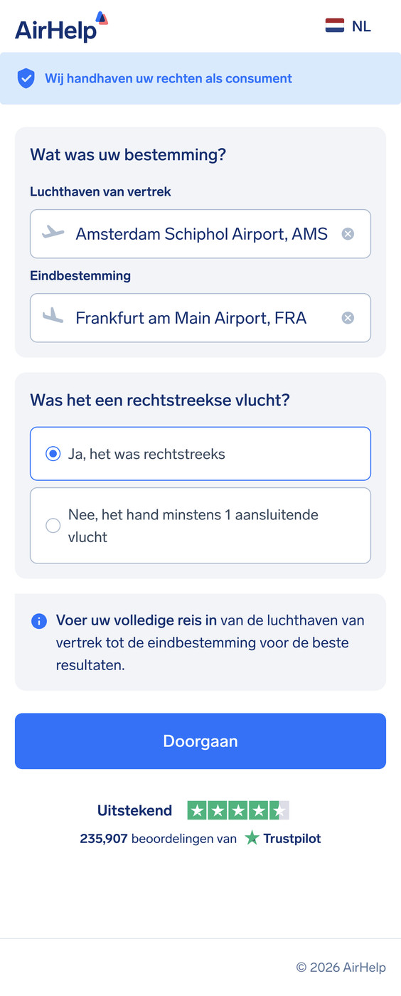 AirHelp-claimformulier met de selectie van vertrek- en aankomstluchthaven en de optie voor een directe vlucht.