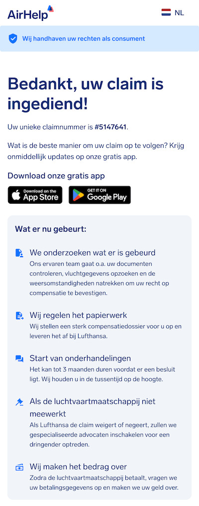Bevestigingspagina voor het indienen van de claim met een uniek claim-ID en links naar de AirHelp-app.