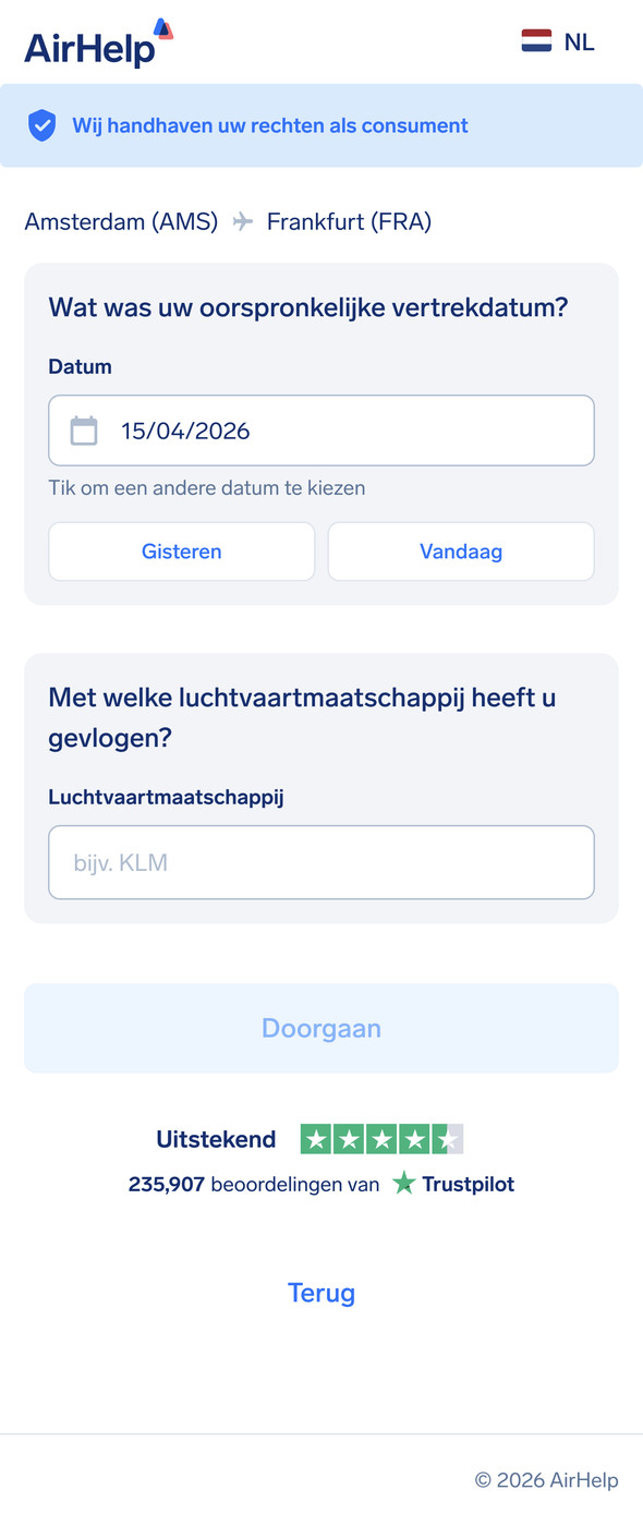 Stap vluchtgegevens: velden voor de geplande vertrekdatum, naam van de luchtvaartmaatschappij en het vluchtnummer.