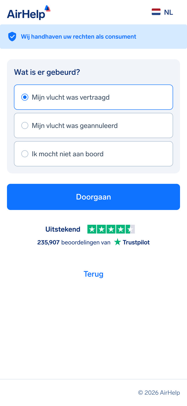 Selectie van vluchtverstoring: opties voor vertraagde vlucht, geannuleerde vlucht of instapweigering.