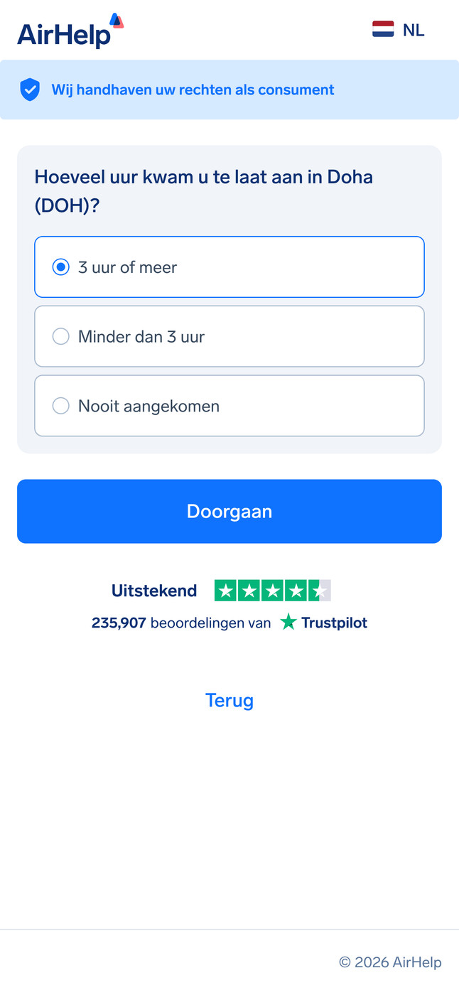 Selectie van de duur van de aankomstvertraging: opties voor 3 uur of meer, minder dan 3 uur of nooit aangekomen.