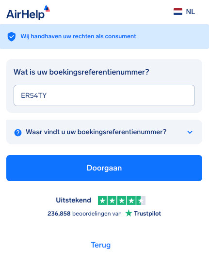 Invoerveld voor het boekingsnummer met een help-dropdown om de code te vinden.