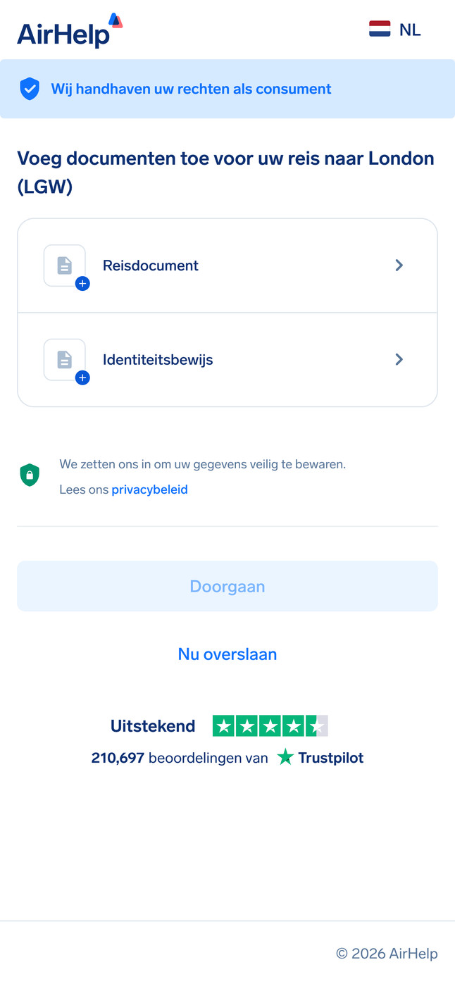 Sectie voor het uploaden van reisdocumenten en identiteitsbewijzen met een icoon voor gegevensbeveiliging.