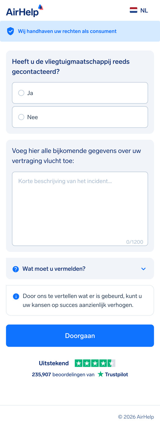 Formulier voor extra vluchtgegevens met een tekstveld voor de beschrijving van het incident en de contactstatus met de luchtvaartmaatschappij.