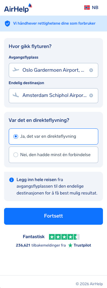AirHelp-kravsskjema som viser valg av avgangs- og ankomstflyplass med mulighet for direktefly.