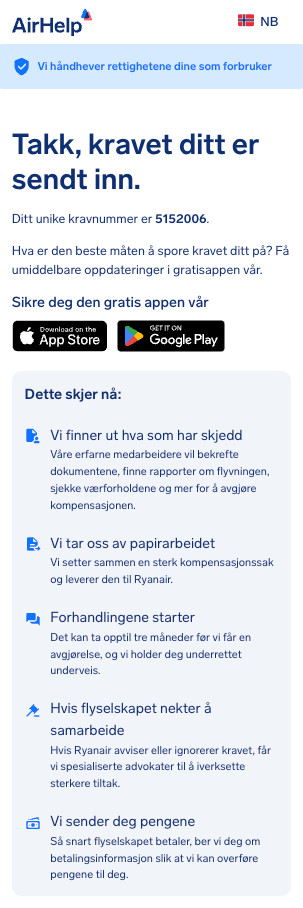 Bekreftelsesside for innsending av krav som viser en unik krav-ID og lenker til AirHelp-appen.