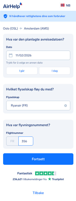 Trinn for flydetaljer: felt for planlagt avgangsdato, flyselskapets navn og flynummer.