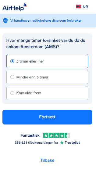 Valg av varighet på ankomstforsinkelse: alternativer for 3 timer eller mer, mindre enn 3 timer eller kom aldri frem.