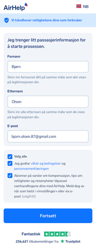 Skjema for passasjerinformasjon med felt for fornavn, etternavn og e-postadresse.