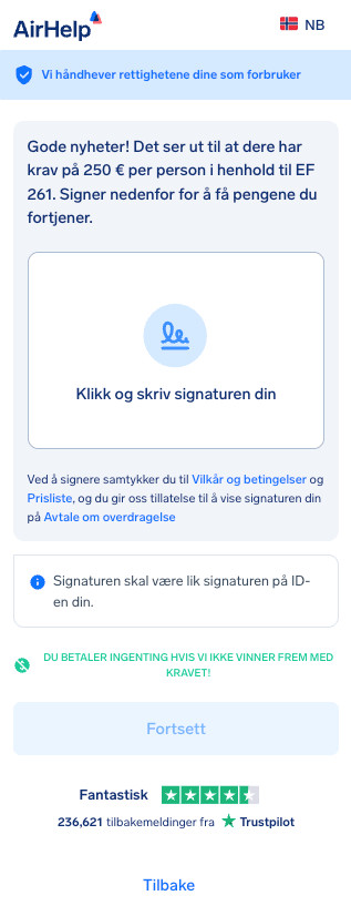 Digital signaturboks for AirHelps overdragelsesavtale for å autorisere kravet.