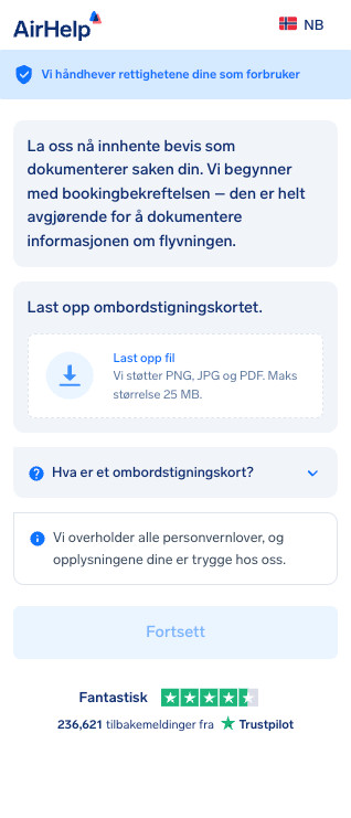 Seksjon for opplasting av reisedokumenter og legitimasjon med et ikon for datasikkerhet.