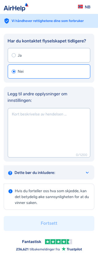 Skjema for ekstra flydetaljer med et tekstfelt for hendelsesbeskrivelse og status for kontakt med flyselskapet.