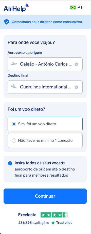 Formulário de reivindicação da AirHelp mostrando a seleção dos aeroportos de partida e chegada com opção de voo direto.